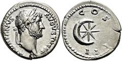 RÖMER RÖMISCHE KAISERZEIT. Hadrian, 117 - 138 n. Chr. Denar ø 18mm (3,52g). 126 - 127 n. Chr. Mzst. Rom. Vs.: HADRIANVS AVGVSTVS, Kopf mit Lorbeerkranz n.r. Rs.: COS III, Stern in Mondsichel. RIC 864;