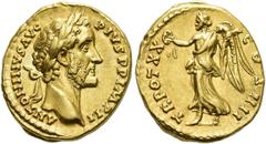 RÖMER RÖMISCHE KAISERZEIT. Antoninus Pius, 138 - 161 n. Chr. Aureus ø 18mm (7,26g). 157 n. Chr. Mzst. Rom. Vs.: ANTONINVS AVG PIVS P P IMP II, Kopf mit Lorbeerkranz n. r. Rs.: TR POT XX COS IIII, Vikt