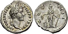 RÖMER RÖMISCHE KAISERZEIT. Antoninus Pius, 138 - 161 n. Chr. Denar ø 19mm (3,38g). 147 - 148 n. Chr. Mzst. Rom. Vs.: ANTONINVS AVG PIVS P P TR P XI , Kopf mit Lorbeerkranz n. r. Rs.: COS IIII, Annona 