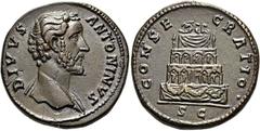RÖMER RÖMISCHE KAISERZEIT. Divus Antoninus Pius, ab 161 n. Chr. AE Sesterz ø 33mm (25,63g). 161 n. Chr. unter Marc Aurel geprägt. Mzst. Rom. Vs.: DIVVS ANTONINVS, Kopf n. r. Rs.: CONSECRATIO / SC, Qua