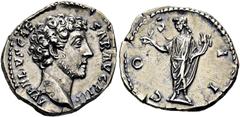 RÖMER RÖMISCHE KAISERZEIT. Marcus Aurelius als Caesar, 139 - 161 n. Chr. Denar ø 19mm (3,27g). 145 - 147 n. Chr. Mzst. Rom. Vs.: AVRELIVS CAE-SAR AVG P II F, Kopf n.r. Rs.: C O S I I, Honos steht mit 
