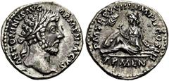 RÖMER RÖMISCHE KAISERZEIT. Marcus Aurelius, 161 - 180 n. Chr. Denar ø 18mm (3,32g). 164 n. Chr. Mzst. Rom. Vs.: ANTONINVS AVG ARMENIACVS, Kopf mit Lorbeerkranz n. r. Rs.: P M TR P XVIII IMP II COS III