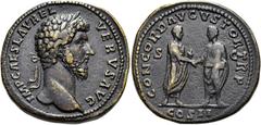 RÖMER RÖMISCHE KAISERZEIT. Lucius Verus, 161 - 169 n. Chr. AE Sesterz ø 34mm (22,28g). 161 n. Chr. Mzst. Rom. Vs.: IMP CAES L AVREL VERVS AVG, Kopf mit Lorbeerkranz n. r. Rs.: CONCORD AVGVSTOR TR P / 