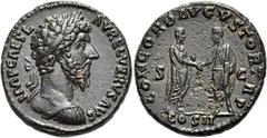 RÖMER RÖMISCHE KAISERZEIT. Lucius Verus, 161 - 169 n. Chr. AE As ø 26mm (11,04g). 161 n. Chr. Mzst. Rom. Vs.: IMP CAES L AVREL VERVS AVG, Panzerbüste mit Lorbeerkranz r. Rs.: CONCORD AVGVSTOR TR P / S