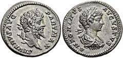 RÖMER RÖMISCHE KAISERZEIT. Septimius Severus, 193 - 211 n. Chr. Denar ø19mm (3,23g). 201 n. Chr. Mzst. Rom. Vs.: SEVERVS AVG PART MAX, Kopf mit Lorbeerkranz n. r. Rs.: ANTONINVS AVGVSTVS, drapierte Pa