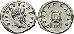 RÖMER RÖMISCHE KAISERZEIT. Divus Septimius Severus, ab 211 n. Chr. Denar ø 19mm (3,59g). Geprägt unter Caracalla, 211 n. Chr. Mzst. Rom. Vs.: DIVO SEVERO PIO, Kopf n. r. Rs.: CONSECRATIO, Pulvinar mit