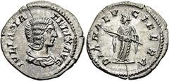 RÖMER RÖMISCHE KAISERZEIT. Iulia Domna, 193 - 217 n. Chr. Denar ø 19mm (2,80g). 214 n. Chr. Mzst. Rom. Vs.: IVLIA PIA FELIX AVG, drapierte Büste n. r. Rs.: DIANA LV-CIFERA, Diana steht n.l. und hält m