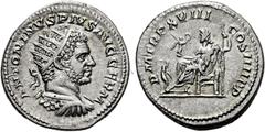 RÖMER RÖMISCHE KAISERZEIT. Caracalla, 197 - 217 n. Chr. Antoninian ø 22mm (5,50g). 215 n. Chr. Mzst. Rom. Vs.: ANTONINVS PIVS AVG GERM, drapierte Panzerbüste mit Strahlenkrone n. r. Rs.: PM TR P XVIII