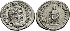 RÖMER RÖMISCHE KAISERZEIT. Caracalla, 197 - 217 n. Chr. Denar ø 20mm (3,44g). 215 n. Chr. Mzst. Rom. Vs.: ANTONINVS PIVS AVG GERM, Kopf mit Lorbeerkranz n. r. Rs.: PM TR P XVIII COS IIII PP, Aesculap 