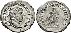 RÖMER RÖMISCHE KAISERZEIT. Caracalla, 197 - 217 n. Chr. Denar ø 20mm (3,43g). 215 n. Chr. Mzst. Rom. Vs.: ANTONINVS PIVS AVG GERM, Kopf mit Lorbeerkranz n. r. Rs.: P M TR P XVIII COS IIII P P, Aeskula