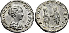 RÖMER RÖMISCHE KAISERZEIT. Plautilla, 202 - 205 n. Chr. Denar ø 17mm (3,33g). 202 n. Chr. Mzst. Rom. Vs.: PLAVTILLAE AVGVSTAE, drapierte Büste n. r. Rs.: PROPAGO IMPERI, Plautilla u. Caracalla bei dex
