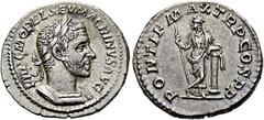 RÖMER RÖMISCHE KAISERZEIT. Macrinus, 217 - 218 n. Chr. Denar ø 19mm (2,88g). Mzst. Rom. Vs.: IMP C M OPEL SEV MACRINVS AVG, Panzerbüste mit Lorbeerkranz n. r. Rs.: PONTIF MAX TR P COS PP, Securitas st
