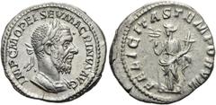 RÖMER RÖMISCHE KAISERZEIT. Macrinus, 217 - 218 n. Chr. Denar ø 20mm (3,44g). Mzst. Rom. Vs.: IMP C M OPEL SEV MACRINVS AVG, Panzerbüste mit Lorbeerkranz n. r. Rs.: FELICITAS TEMPORVM, Felicitas steht 