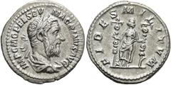 RÖMER RÖMISCHE KAISERZEIT. Macrinus, 217 - 218 n. Chr. Denar ø 20mm (3,14g). Mzst. Rom. Vs.: IMP C M OPEL SEV MACRINVS AVG, drapierte Panzerbüste mit Lorbeerkranz n. r. Rs.: FIDES MILITVM, Fides mit z