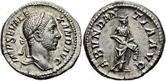 RÖMER RÖMISCHE KAISERZEIT. Severus Alexander, 222 - 235 n. Chr. Denar ø 19mm (3,78g). 229 n. Chr. Mzst. Rom. Vs.: IMP SEV ALE-XAND AVG, Kopf mit Lorbeerkranz n. r. Rs.: ABVNDANTIA AVG, Abundantia steh