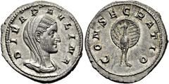 RÖMER RÖMISCHE KAISERZEIT. Diva Paulina, ab 236 n. Chr. Denar ø 20mm (2,82g). 236 - 238 n. Chr. Mzst. Rom. Vs.: DIVA PAVLINA, drapierte Büste capite velato n. r. Rs.: CONSECRATIO, frontaler Pfau ein R