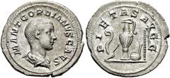 RÖMER RÖMISCHE KAISERZEIT. Gordian III. als Caesar, 238 n. Chr. Denar ø 21mm (2,83g). Mzst. Rom. Vs.: M ANT GORDIANVS CAES, drapierte Büste n. r. Rs.: PIETAS AVGG, Lituus, Messer, Kanne, Simpulum, Asp