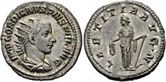 RÖMER RÖMISCHE KAISERZEIT. Gordian III., 238 - 244 n. Chr. Antoninian ø 22mm (4,23g). 241 - 243 n. Chr. Vs.: IMP GORDIANVS PIVS FEL AVG, drapierte Panzerbüste mit Strahlenkrone n. r. Rs.: LAETITIA AVG