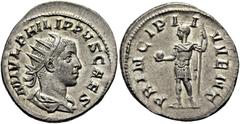 RÖMER RÖMISCHE KAISERZEIT. Philipp II. als Caesar, 244 - 247 n. Chr. Antoninian ø 22mm (3,76g). 244 - 246 n. Chr. Mzst. Rom. Vs.: M IVL PHILIPPVS CAES, drapierte Büste mit Strahlenkrone n. r. Rs.: PRI