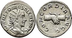 RÖMER RÖMISCHE KAISERZEIT. Herennius Etruscus als Caesar, 250 - 251 n. Chr. Antoninian ø 20,5mm (3,46g). Mzst. Rom. Vs.: Q HER ETR MES DECIVS NOB C, drapierte Büste mit Strahlenkrone n. r. Rs.: CONCOR