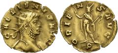 RÖMER RÖMISCHE KAISERZEIT. Gallienus (Alleinherrschaft), 260 - 268 n. Chr. Aureus ø 19mm (2,00g). 262 - 263 n. Chr. Mzst. Rom. Vs.: GALLIENVS AVG, Kopf mit Strahlenkrone n.r. Rs.: ORIENS AVG / P, Sol 