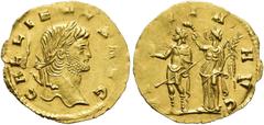 RÖMER RÖMISCHE KAISERZEIT. Gallienus (Alleinherrschaft), 260 - 268 n. Chr. Goldquinar ø 17mm (1,04g). 264 - 265 n. Chr. Mzst. Rom. Vs.: GALLIENVS AVG, Kopf mit Lorbeerkranz n.r. Rs.: VICTORIA AVG, Kai
