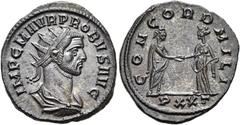 RÖMER RÖMISCHE KAISERZEIT. Probus, 276 - 282 n. Chr. Antoninian ø 21mm (4,42g). 276 n. Chr. Mzst. Ticinum. Vs.: IMP C M AVR PROBVS AVG, drapierte Panzerbüste mit Strahlenkrone n. r. Rs.: CONCORD MILI 