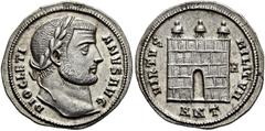 RÖMER RÖMISCHE KAISERZEIT. Diocletian, 284 - 305 n. Chr. Argenteus ø 19mm (3,33g). 296 n. Chr. Mzst. Antiochia. Vs.: DIOCLETI-ANVS AVG, Kopf mit Lorbeerkranz n. r. Rs.: VIRTVS MILITVM / H / ANT, Lager
