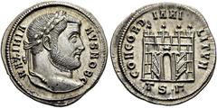 RÖMER RÖMISCHE KAISERZEIT. Galerius als Caesar, 293 - 305 n. Chr. Argenteus ø 20mm (3,45g). 302 n. Chr. Mzst. Thessaloniki. Vs.: MAXIMIA-NVS NOB C, Kopf mit Lorbeerkranz n. r. Rs.: CONCORD-IA MI-LITVM