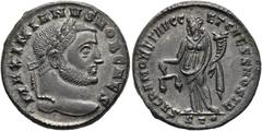 RÖMER RÖMISCHE KAISERZEIT. Galerius als Caesar, 293 - 305 n. Chr. AE Follis ø 25mm (8,92g). 300 - 303 n. Chr. Mzst. Ticinum. Vs.: MAXIMIANVS NOB CAES, Kopf mit Lorbeerkranz n. r. Rs.: SACRA MONET AVGG