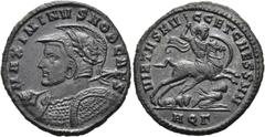 RÖMER RÖMISCHE KAISERZEIT. Maximinus Daia als Caesar, 305 - 310 n. Chr. AE Follis ø 27mm (8,56g). 305 - 306 n. Chr. Mzst. Aquileia. Vs.: MAXIMINVS NOB CAES, Panzerbüste mit Lorbeerkranz, Helm, geschul