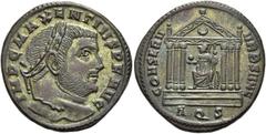 RÖMER RÖMISCHE KAISERZEIT. Maxentius, 306 - 312 n. Chr. AE Follis ø 25mm (7,07g). 308 - 309 n. Chr. Mzst. Aquileia. Vs.: IMP C MAXENTIVS P F AVG, Kopf mit Lorbeerkranz n. r. Rs.: CONSERV VRB SVAE / AQ