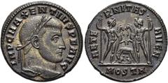 RÖMER RÖMISCHE KAISERZEIT. Maxentius, 306 - 312 n. Chr. AE Follis ø 25mm (6,24g). 308 - 309 n. Chr. Mzst. Ostia. Vs.: IMP C MAXENTIVS P F AVG, Kopf mit Lorbeerkranz n. r. Rs.: AETE-RNITAS AVG N / MOST