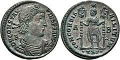 RÖMER RÖMISCHE KAISERZEIT. Constantius II., 337 - 361 n. Chr. AE Follis ø 23mm (5,12g). 350 n. Chr. Mzst. Thessaloniki. Vs.: DN CONSTAN-TIVS PF AVG, drapierte Panzerbüste mit Perlendiadem n. r., dahin