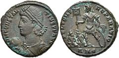 RÖMER RÖMISCHE KAISERZEIT. Constantius II., 337 - 361 n. Chr. AE Follis ø 21mm (5,76g). 350 n. Chr. Mzst. Siscia. Vs.: DN CONSTAN-TIVS PF AVG, drapierte Panzerbüste mit Globus in der rechten Hand u. P