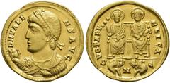 RÖMER RÖMISCHE KAISERZEIT. Valens, 364 - 378 n. Chr. Solidus ø 22mm (4,38g). 368 n.Chr. Mzst. Nikomedia. Vs.: D N VALE-NS AVG, Konsularbüste mit Perlendiadem, Mappa u. Zepter n. l. Rs.: VOTA PV-BLICA 