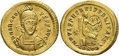 RÖMER RÖMISCHE KAISERZEIT. Arcadius, 383 - 408 n. Chr. Solidus ø 22mm (4,49g). 402 n. Chr. Mzst. Konstantinopel. Vs.: DN ARCADI-VS PF AVG, drapierte Panzerbüste mit Helm und Perlendiadem n.r., hält Sp