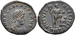 RÖMER RÖMISCHE KAISERZEIT. Arcadius, 383 - 408 n. Chr. AE ø 23mm (5,96g). 383 - 388 n. Chr. Mzst. Antiochia. Vs.: D N ARCADIVS P F AVG, drapierte Panzerbüste mit Perlendiadem n. r. Rs.: VIRTVS EXERCIT