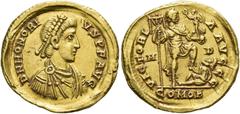 RÖMER RÖMISCHE KAISERZEIT. Honorius, 393 - 423 n. Chr. Solidus ø 21mm (4,40g). 395 - 423 n. Chr. (?) Mzst. Mediolanum. Vs.: D N HONORI-VS P F AVG, drapierte Panzerbüste mit Perlendiadem n. r. Rs.: VIC