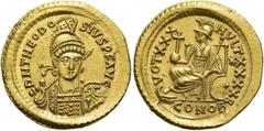 RÖMER RÖMISCHE KAISERZEIT. Theodosius II., 408 - 450 n. Chr. Solidus ø 21mm (4,45g). 430 - 440 n. Chr. Mzst. Konstantinopel. Vs.: D N THEODO-SIVS P F AVG, frontale Panzerbüste, Kopf leicht n. r., mit 