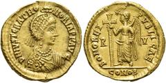 RÖMER RÖMISCHE KAISERZEIT. Iusta Grata Honoria, Schwester des Valentinian III., gest. ca. 455 n. Chr. Solidus ø 21mm (4,45g). 439 n. Chr. Mzst. Ravenna. Vs.: D N IVST GRAT HO-NORIA P F AVG, drapierte 