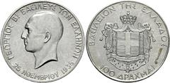 EUROPÄISCHE MÜNZEN UND MEDAILLEN GRIECHENLAND. KÖNIGREICH. Georg II., 2. Regierung, 1935 - 1947. 100 Drachmen 1935 (1940), Birmingham. Kopf nach links / Wappenschild auf gekröntem Wappenmantel, darunt