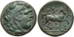 GRIECHEN MAKEDONISCHE KÖNIGE. Philipp V., 221 - 179 v. Chr. AE ø 17mm (3,14g). 221/20 v. Chr. Mzst. in Makedonien. Vs.: Kopf des Herakles mit Löwenfell n. r. Rs.: Β-Α / Φ-Ι, Reiter n. r. SNG Alpha Ban