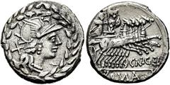 RÖMER RÖMISCHE REPUBLIK. RÖMISCHE REPUBLIK NACH 211 V. CHR. Cn. Gellius, 138 v. Chr. Denar ø 19mm (3,70g). Mzst. Rom. Vs.: Kopf der Roma n. r., dahinter X, alles im Lorbeerkranz. Rs.: CN GEL / ROMA, K