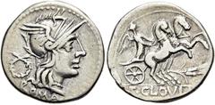 RÖMER RÖMISCHE REPUBLIK. RÖMISCHE REPUBLIK NACH 211 V. CHR. T. Cloelius, 128 v. Chr. Denar ø 20mm (3,80g). Mzst. Rom. Vs.: ROMA, Kopf der Roma n. r., dahinter Kranz. Rs.: T CLOVLI, Viktoria in Biga n.
