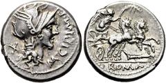 RÖMER RÖMISCHE REPUBLIK. RÖMISCHE REPUBLIK NACH 211 V. CHR. M. Cipius, 115 oder 114 v. Chr. Denar ø 18mm (3,92g). Mzst. Rom. Vs.: M CIPI M F, Kopf der Roma n. r., dahinter X. Rs.: ROMA, Viktoria mit P