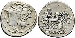 RÖMER RÖMISCHE REPUBLIK. RÖMISCHE REPUBLIK NACH 211 V. CHR. L. Appuleius Saturninus, 104 v. Chr. Denar ø 20mm (3,83g). Mzst. Rom. Vs.: Kopf der Roma n. l. Rs.: L SATVRN, Saturn mit Harpa in Quadriga n
