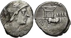 RÖMER RÖMISCHE REPUBLIK. RÖMISCHE REPUBLIK NACH 211 V. CHR. L. Rubrius Dossenus, 87 v. Chr. Denar ø 18mm (3,75g). Mzst. Rom. Vs.: DOS, Büste der Minerva mit korinthischem Helm u. Aegis n. r. Rs.: L RV