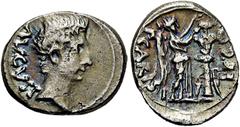 RÖMER RÖMISCHE KAISERZEIT. Augustus, 27 v. Chr. - 14 n. Chr. Quinar ø 15mm (1,59g). 25 - 23 v. Chr. Mzst. Emerita. Münzherr P. Carisius. Vs.: AVGVST, Kopf n. r. Rs.: P CARIS-I LEG, Viktoria bekränzt T