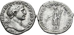 RÖMER RÖMISCHE KAISERZEIT. Trajan, 98 - 117 n. Chr. Denar ø 19mm (2,97g). Ca. 108 - 109 n. Chr. Mzst. Rom. Vs.: IMP TRAIANO AVG GER DAC PM TR P, Büste mit Lorbeerkranz u. Gewand auf l. Schulter n. r. 